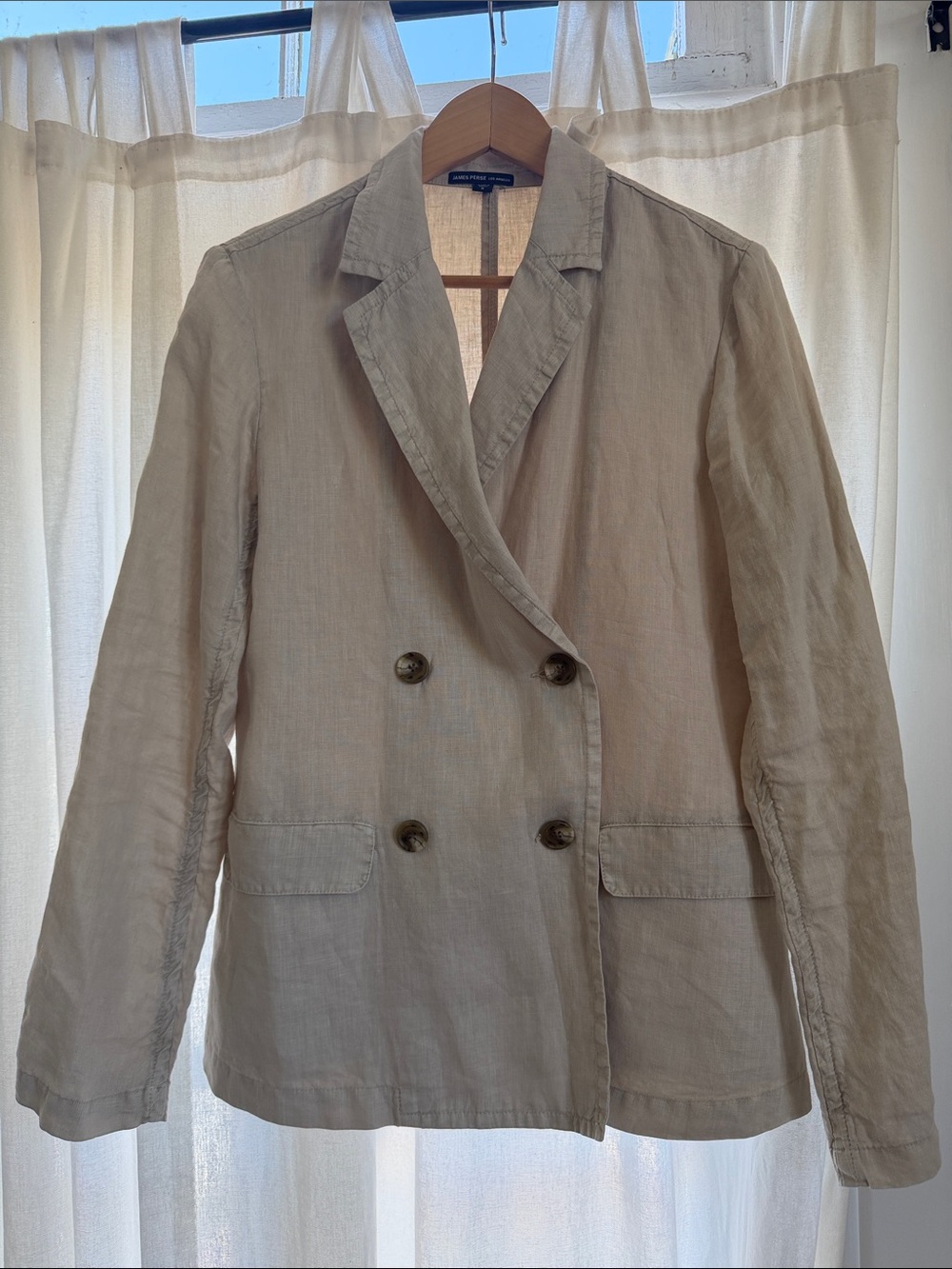 James Perse Double-Breasted Linen Blazer in Light Beige size medium